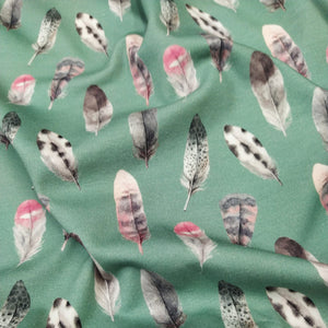 Tessuto Jersey - "Feathers" Verde Acqua